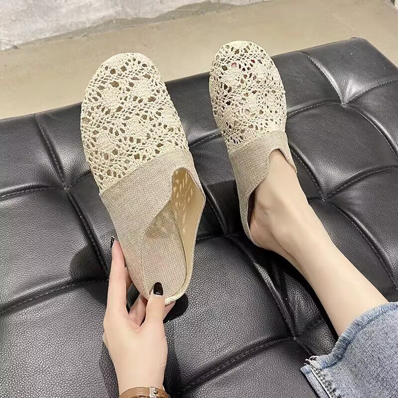 Baotou half slippers women's outer wear 2025 summer new mesh breathable lazy shoes versatile flat bottom outer wear sandals tide