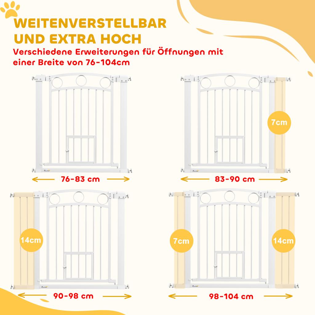 77cm Tall Dog Gate with Cat Door, 7cm and 14cm Extensions, for Stairs, Doorways, 76-104cm Width