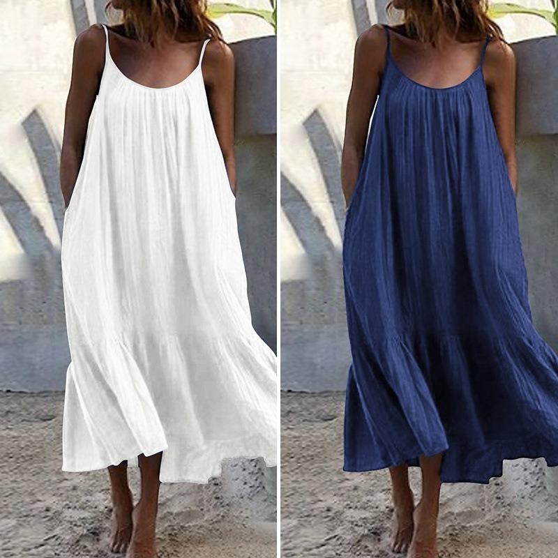 Summer Loose Ruffle Edge A-line Large Size Dress Solid Color Long Dresses Fashion Sleeveless Casual Sweet Suspender Strap Party Simple Elegant Dress
