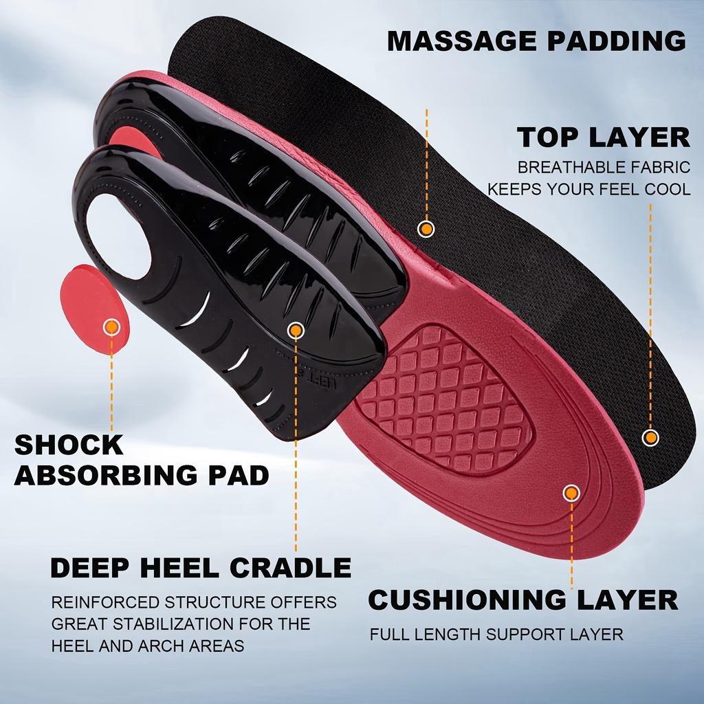 1 Pair EVA Arch Support Insoles - Shock Absorbing, Comfortable Athletic Inserts with Textured Red & Black Design,Boots - Perfect for Running, Hiking