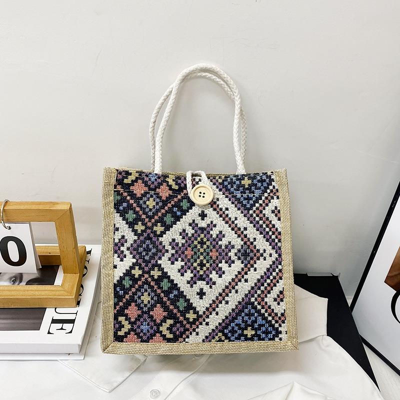 

Холщовая сумка в этническом стиле для женщин, летняя модная льняная сумка для ланча Bento Bag, сумка для переноски мамочек чёрный