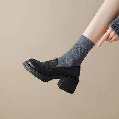 Soft and Soft! 2025 Autumn and Winter New Solid Color Round Head Small Leather Shoes Platform-soled Versatile High-heeled Single Shoes Thick-heel
