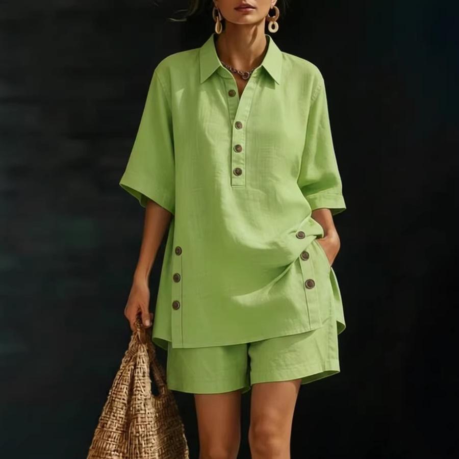 Nuovo Set Estivo da Donna in Lino Camicia e Pantaloncini Casual Comodo Ampio Bottoni Outfit Estivo
