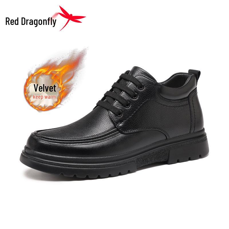 Red Dragonfly Men s High-Top Genuine Leather Winter Shoes - Warm, Velvet-Lined Casual Boots 40