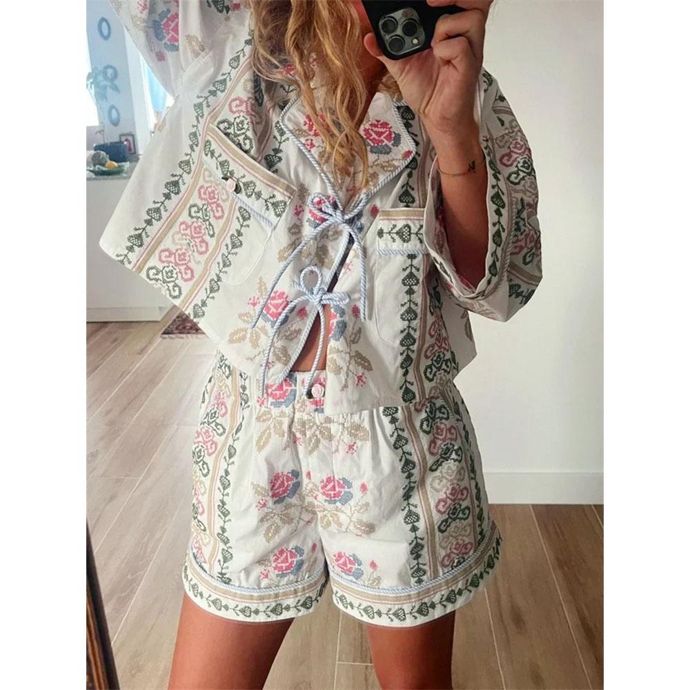 2-teilige kurze Sets Damen Floral-/Streifenmuster Langarm zum Binden Oberteile und Weitbein-Shorts Sets Sommer Herbst Streetwear