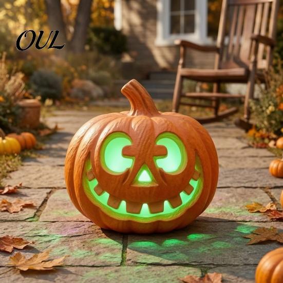 Outdoor Yard Decorations LED Halloween Pumpkin Light, Light Up Jack O Lantern Decor, Color Resin Lamps Gradient Glowing Lamp for Porch Window