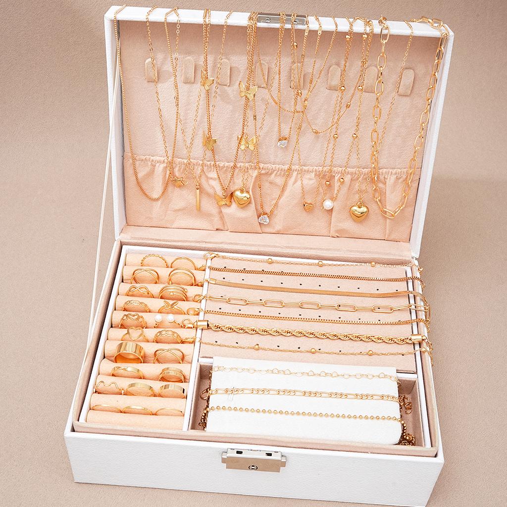 40pcs/Set Elegant Geometric Pearl Ring, Multi-Layered Heart Zircon Necklace, Simple Bracelet 3-In-1 Jewelry Set For Women No Box