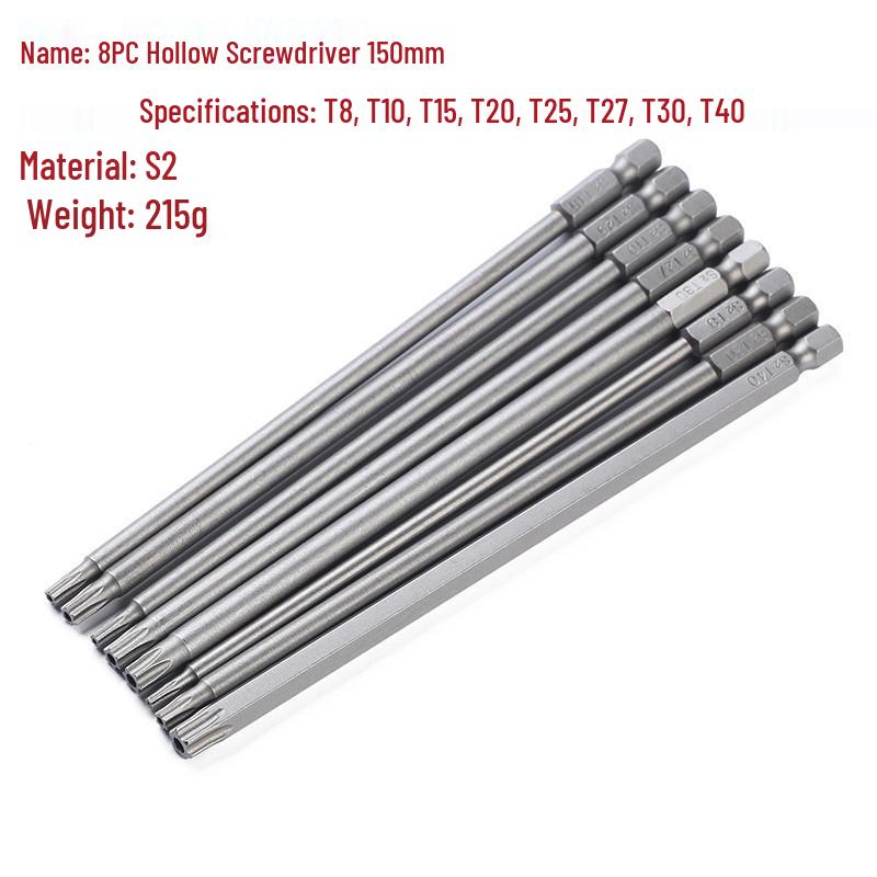 Hex Shank Hollow Torx Screwdriver Bits with Center Hole (Six-Point, 50mm, 75mm, 100mm, 150mm)