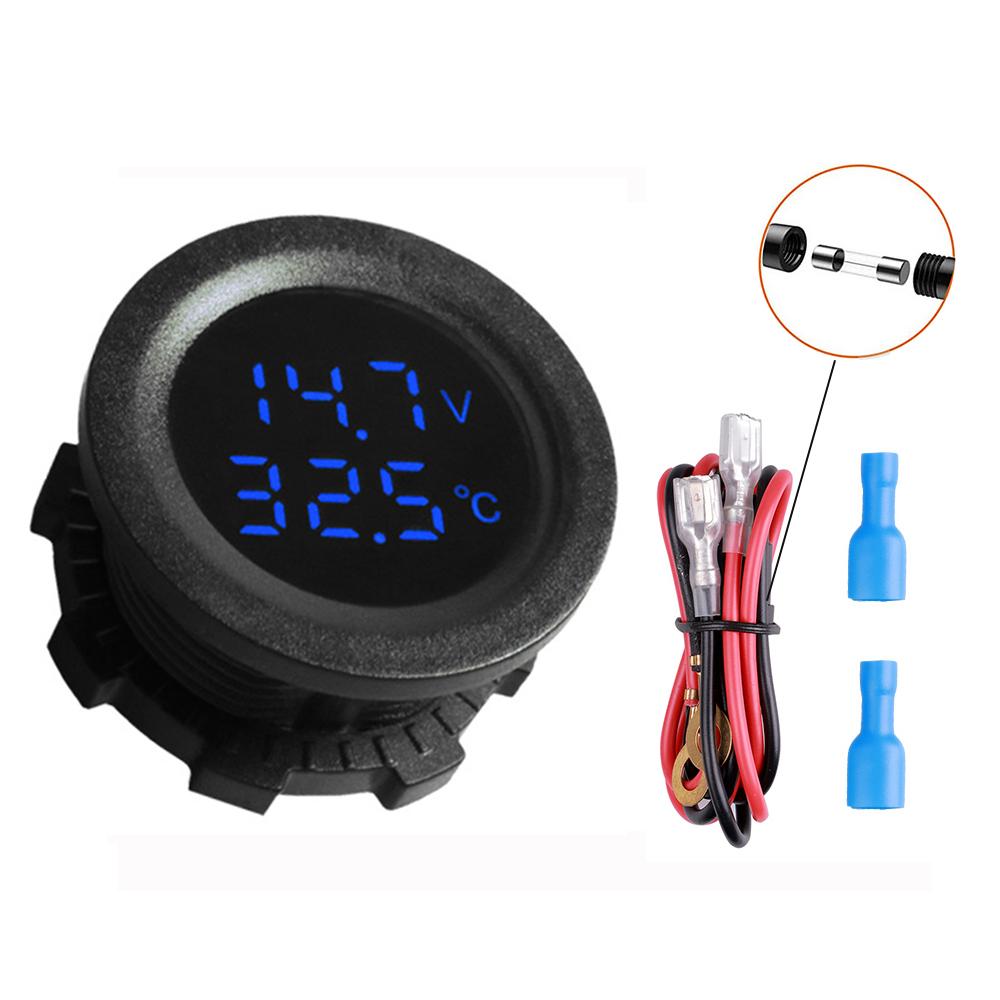 12V-24V Round LED Digital Temperature Voltmeter Car Motorcycle Boat Voltage Real Time Display With Temperature Sensor