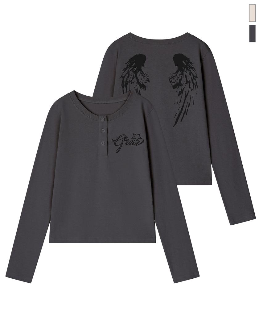 GRAVER [Unisex]Wings Henley Neck Long Sleeve T-Shirt_2 Colors