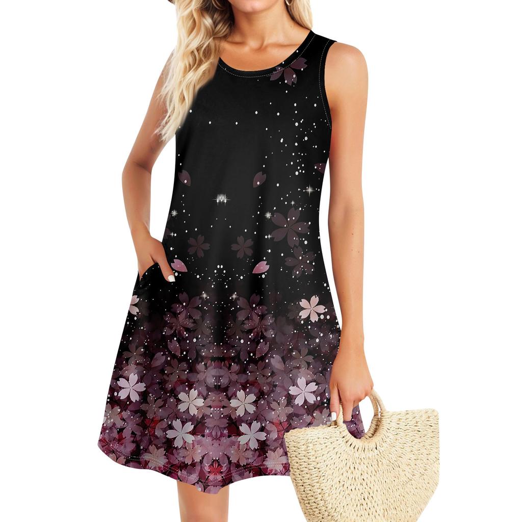 Summer Dresses For Women Beach Boho Sleeveless Printing Flowy Pocket Tshirt Tank Sundresses