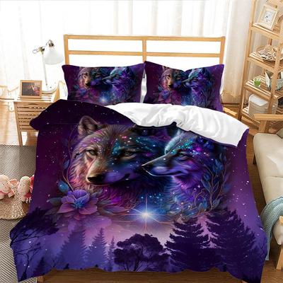 Housse de couette trois pièces « Nuit étoilée violette et loup galaxie », impression numérique 3D, parure de lit