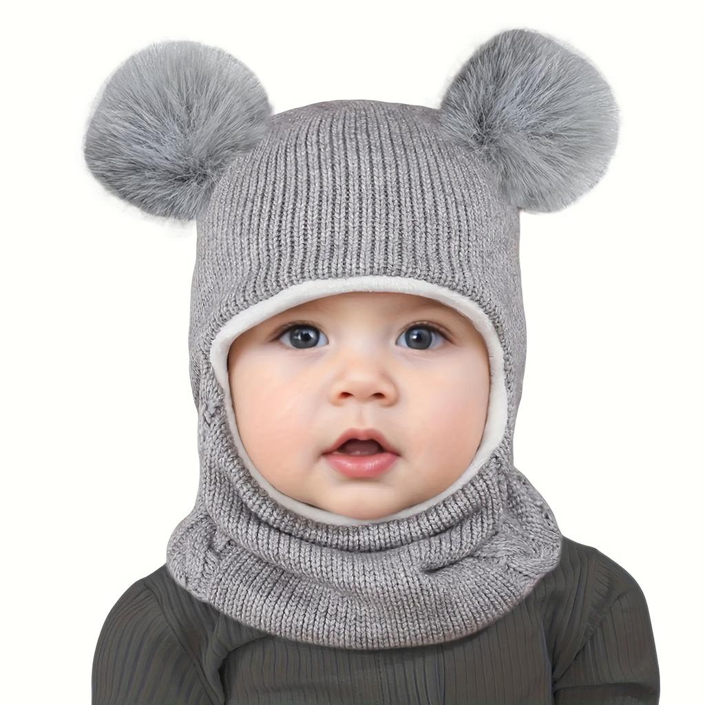 1-4 Years Kids Winter Hat Scarf Set - Sweet Bear Knitted Ear Flap, Warm Soft Integrated Cap, Hand Washable Toddler Accessory