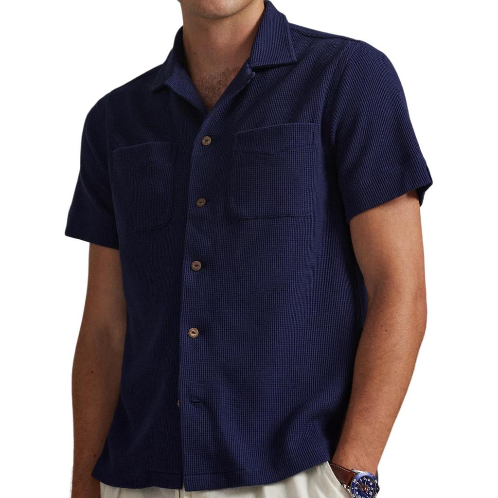 Polo Ralph Lauren Lightweight Breathable Cotton Linen Blend Waffle Knit Camp Collar Short Sleeve Straight Camp Shirt Men shirts 710P04764-001