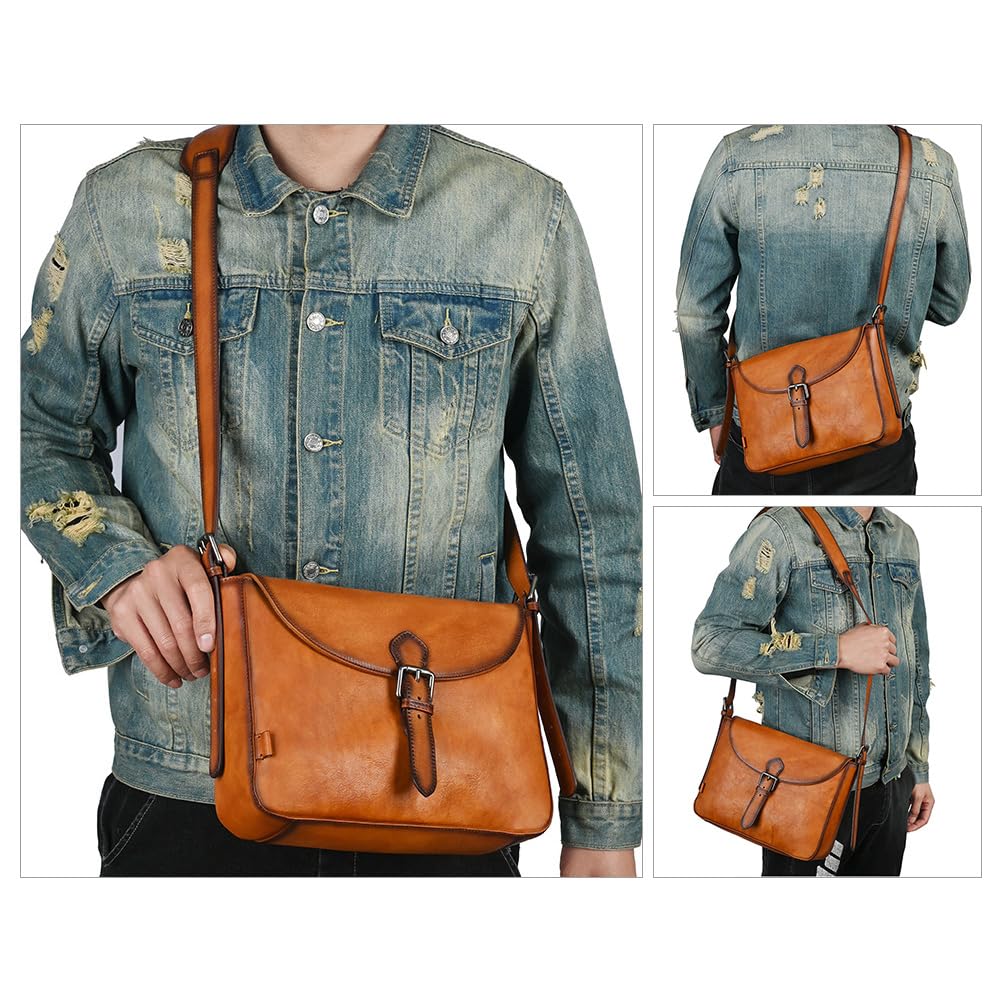 Whatna Antique-Style Tanned Natural Cowhide Leather Shoulder Bag for Men, Crossbody Bag, Chest Bag, Fits iPad 10.5, Genuine Leather, Small Business
