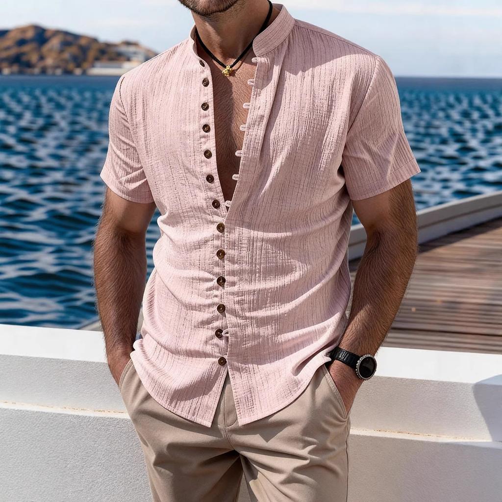 Summer new men's casual versatile shirt solid color slim-fitting short-sleeved top