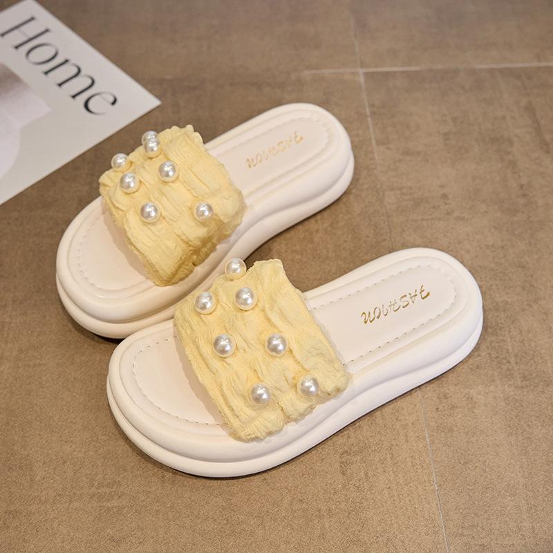 

Sandals princess style pearl girl 2025 summer new thick-soled outer wear versatile fashion casual one-word slippers 40 жовтий