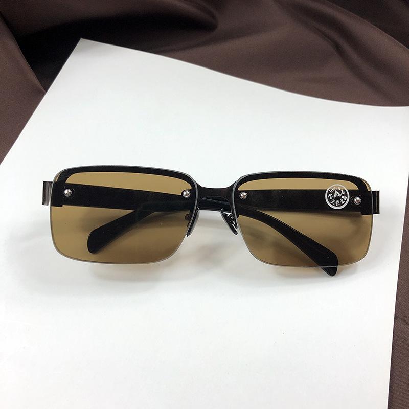 Men's Semi-Rimless Square Perforated Crystal Sunglasses with Top Screw Sunshade