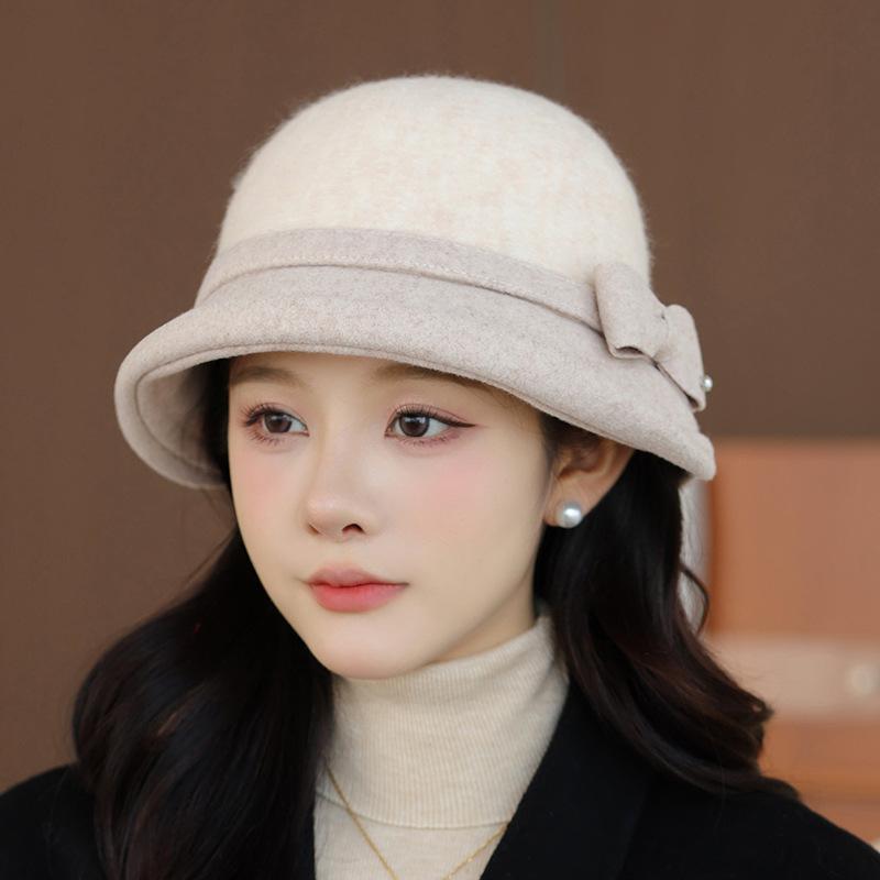 Wool Bucket Hat Women's Autumn and Winter Retro Bow Top Hat Winter Warm Foldable Tweed Bucket Hat - Face- Fisherman