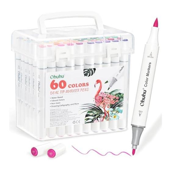Ohuhu Water-based Marker Art Brush/Fine Marker Pen Set of 60 Illustration Marker Brush Tip Watercolor Pen Water-based Ink Vibrant Illustration