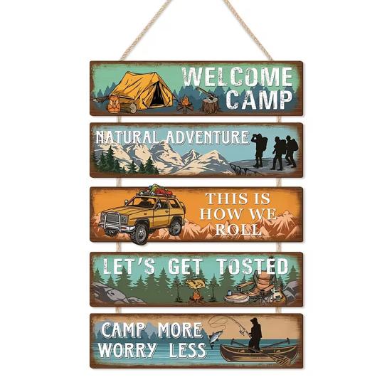 Outdoor Wall Decoration, Wood Sign with Hemp Rope Hanger, Retro 5-Panel Spliced Design, Adventure Camping Wood Wall Decor for Porch Campsite