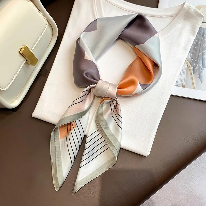 Luxury Stripe Print Splicing Colors Silk Square Scarf Women Soft Satin Hairband Neckerchief Hijab Headband Foulard Bag Ribbons