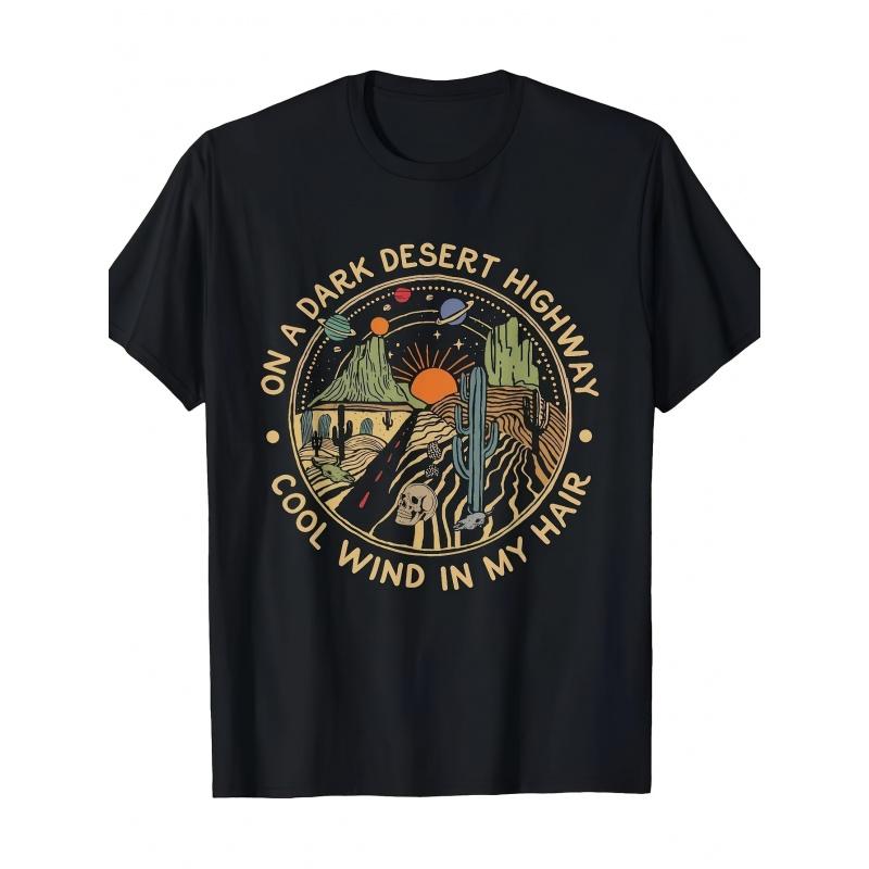 Men'S Vintage Desert Highway Tee - A Comfortable Retro-Style T-Shirt Featuring a Cactus And Desert Design Along with The Phrase 'On a Dark Desert