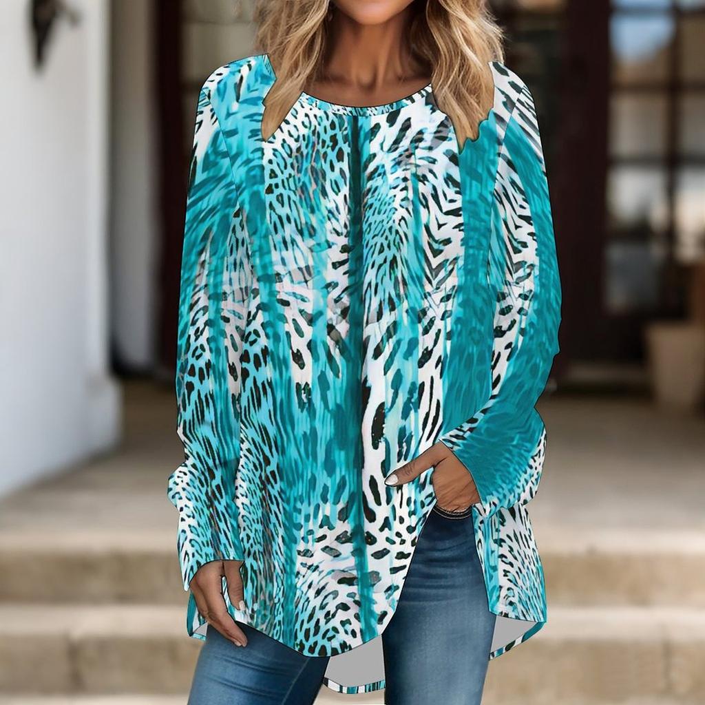 Women Long Sleeve Tunic Top Print Crew Neck Loose Fit Blouse With Pockets Casual Daily Wear Ladies Tops