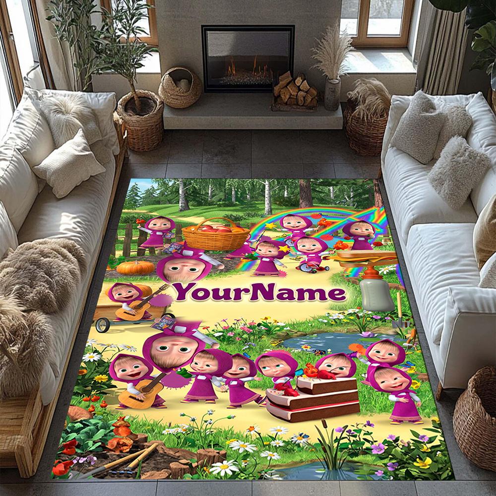 Masha Bear Customizable Name Floor Mat Design for Game Room Balcony Decorate Room Dormitory Antislip Carpet Office Home Decor Spiritual Gift