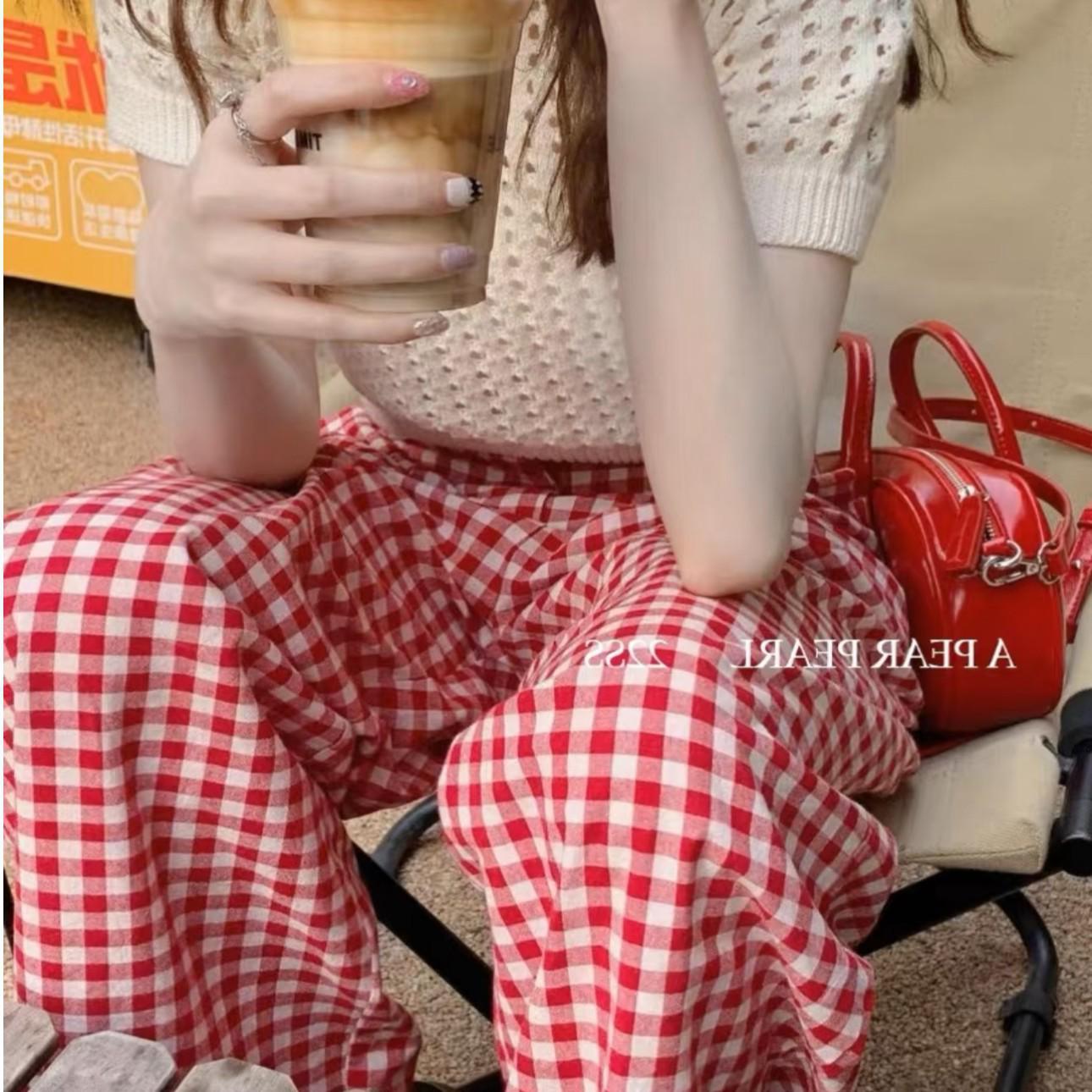 

Plus Size Plaid Cotton Silk Pajama Pants - Nine-point Length, Loose & Comfortable for Summer Small [Length 90cm] Height 145-155cm