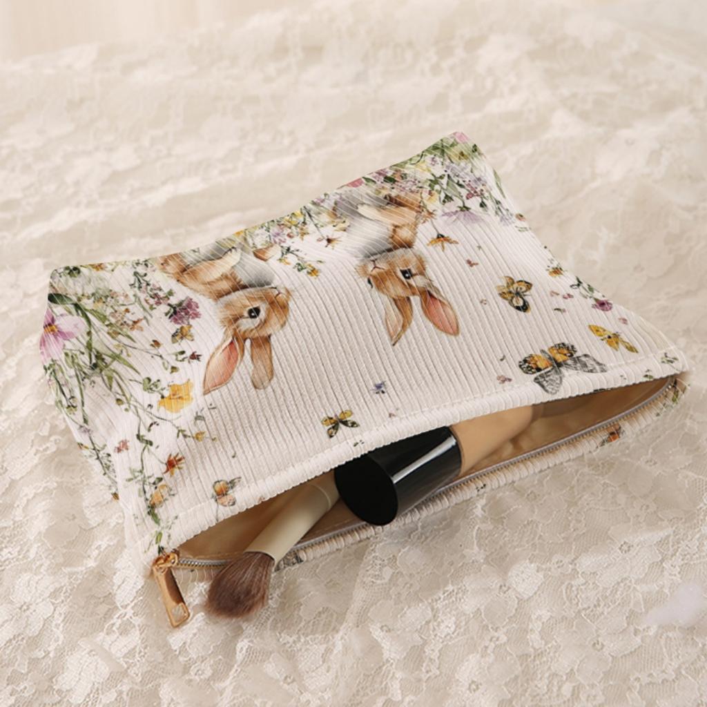 Rabbit Pattern Corduroy Makeup Bag, Lightweight Zipper Storage Box, Multifunctional Bag with Lining, Used for Storing Cosmetics