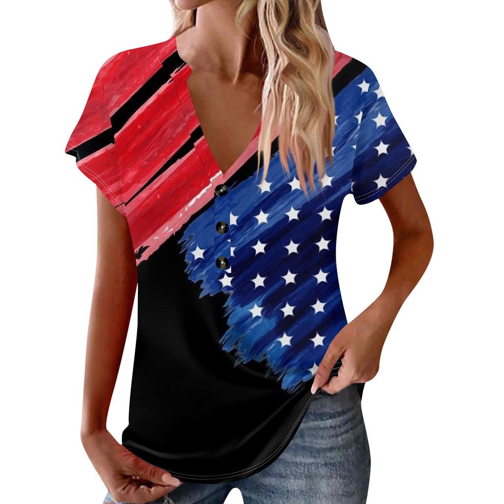Women's New Button V Neck Fashion Print Short Sleeve Vintage Print T-Shirt Tops Casual Tops Loose T-Shirt Pullover Casual Loose Print Tops