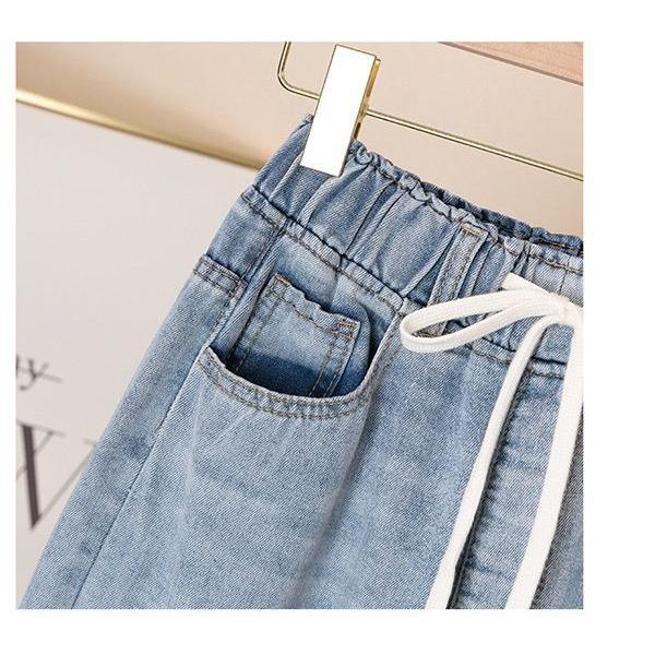 Embroidered Jeans Women's Loose Straight Tube Elastic Waist High Waist Spring and Autumn Cropped Pants