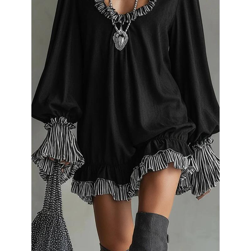 Black Vintage Princess Style Slim Fit Long Sleeve V Neck Midi Dress