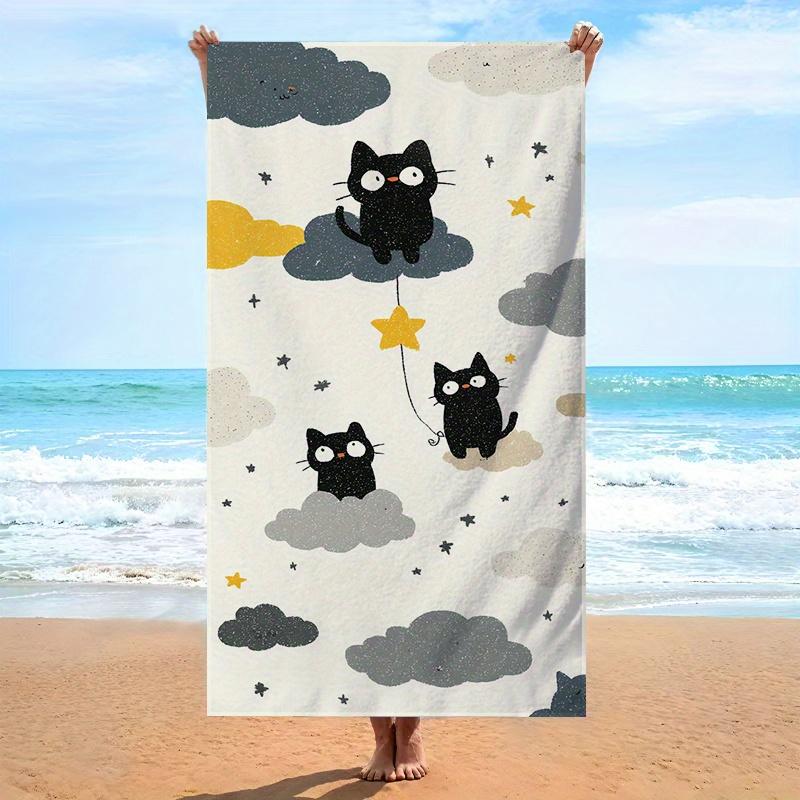

Whimsical Black Cats on Clouds Beach Towel, Playful Cats Wide Eyes Red Noses Soft Microfiber Unisex for Swimming Travel Camping W40*H60(CM)