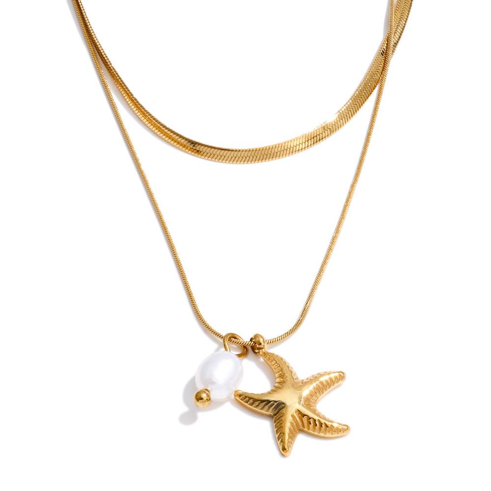 

Yhpup Stainless Steel Natural Pearl Starfish Pendant Necklace High Quality Double-Layer Chain Overlay Exquisite Collar Jewelry