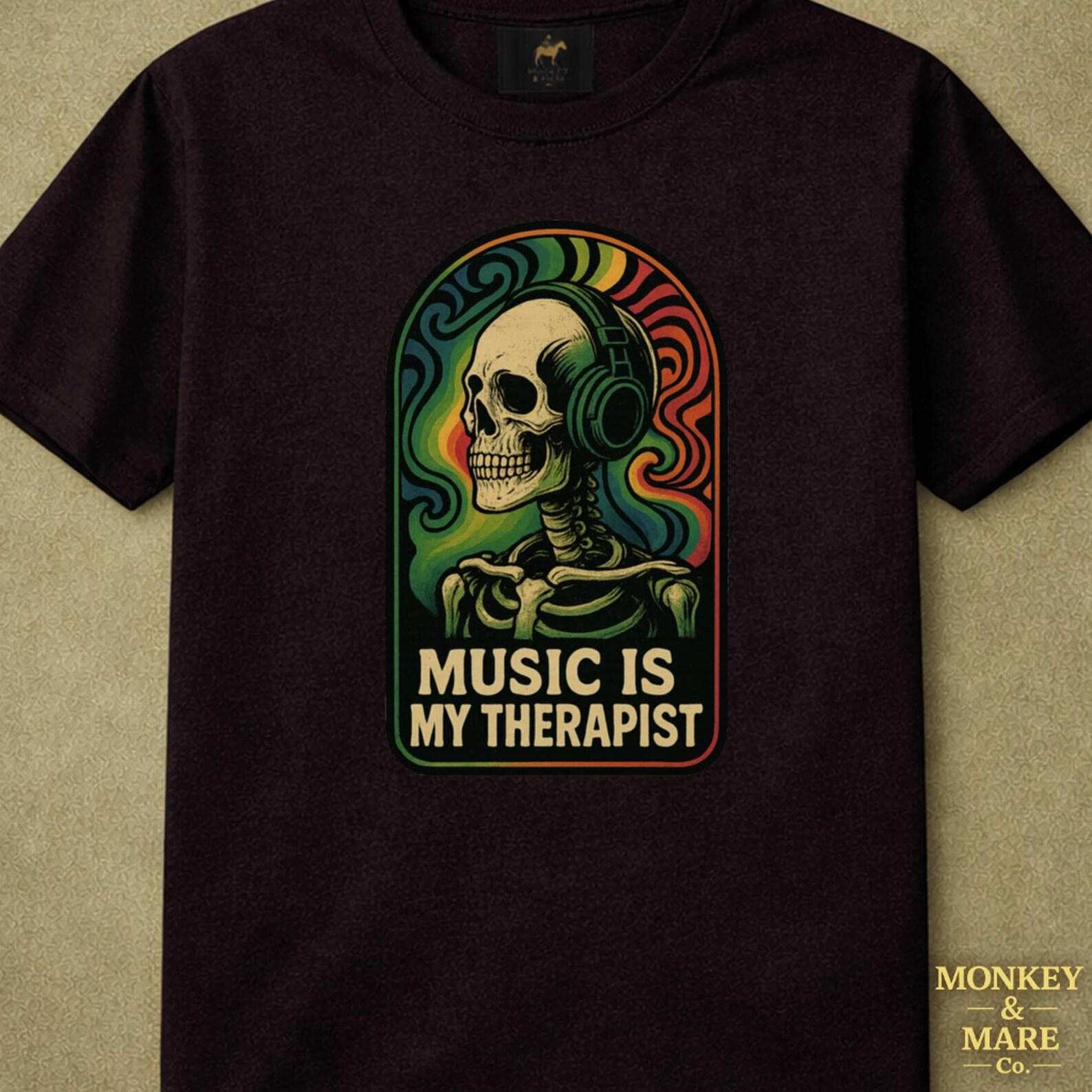 Skeleton with Headphones Shirt, Music Is My Therapist, Vintage Humor Music Lovers, Funny Therapy Shirt Unisex Fit, Shirt 2XL