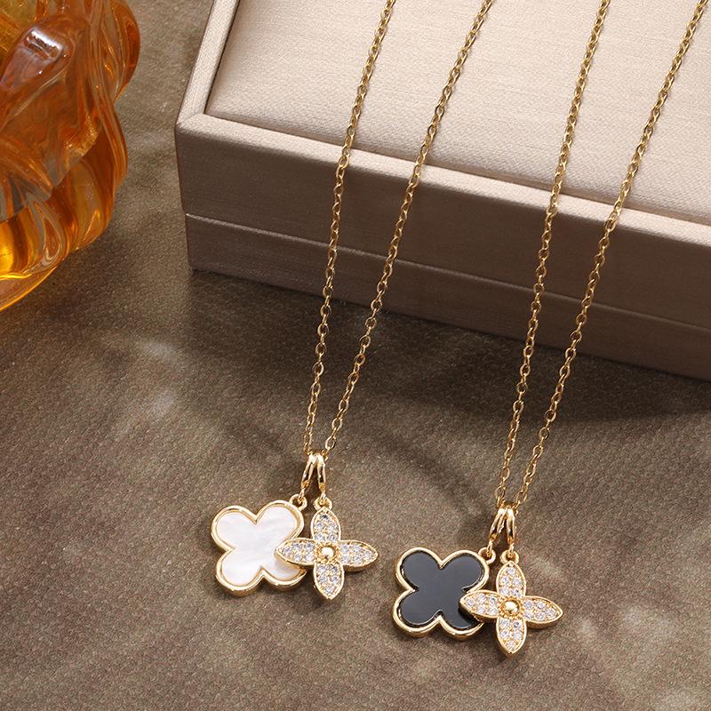 Korean Luxury Double-Layer Clover Necklace: Titanium Steel, Diamond Accents, Black & White Mother-of-Pearl Clavicle Jewelry