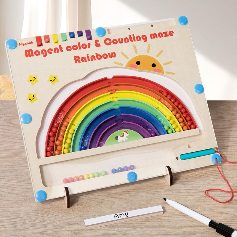 Wooden Children's Fun Magnetic Pen Rainbow Walking Ball Game Early Education Maze Digital Color Classification Counting Toy