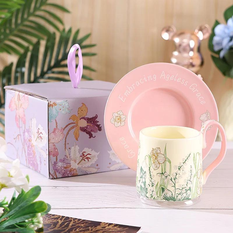 Flower Ceramic Coffee Cup and Dish Set Gift Box Water Cups Breakfast Cup Milk Mug Juice Mug Afternoon Tea Cups Coffee Mugs