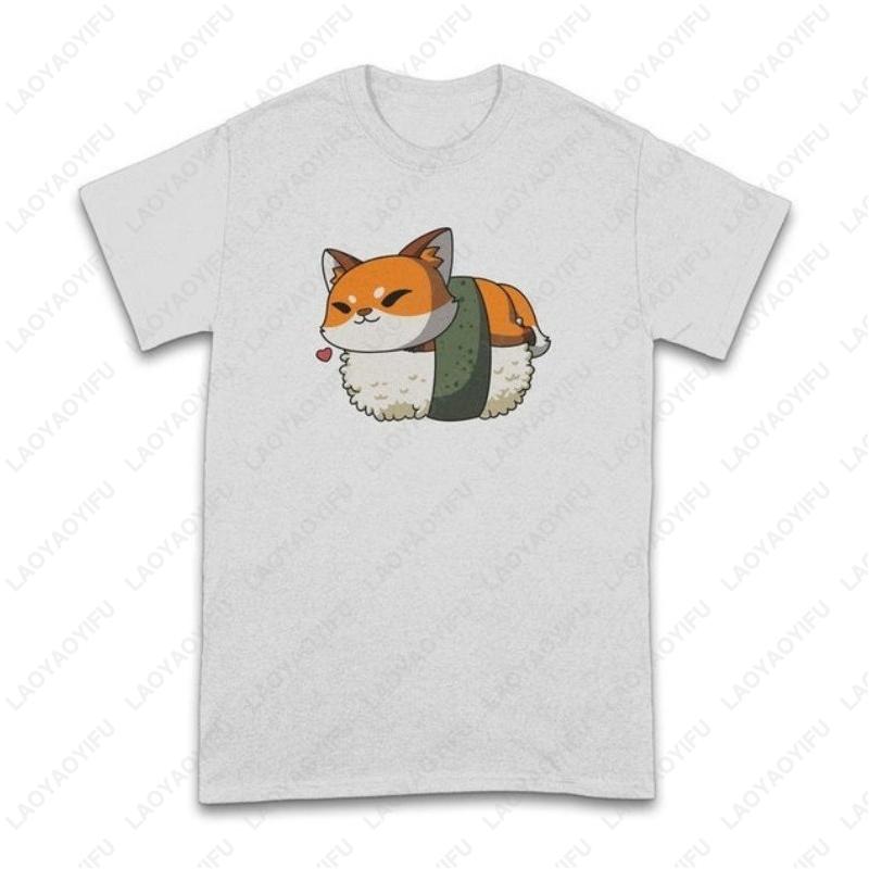 Cute Sushi Fox Unisex Adult Cotton TShirt Fun Japanese Anime Gift Kawaii Food Cute Japan Manga Art Oneck Printed Holiday Tops