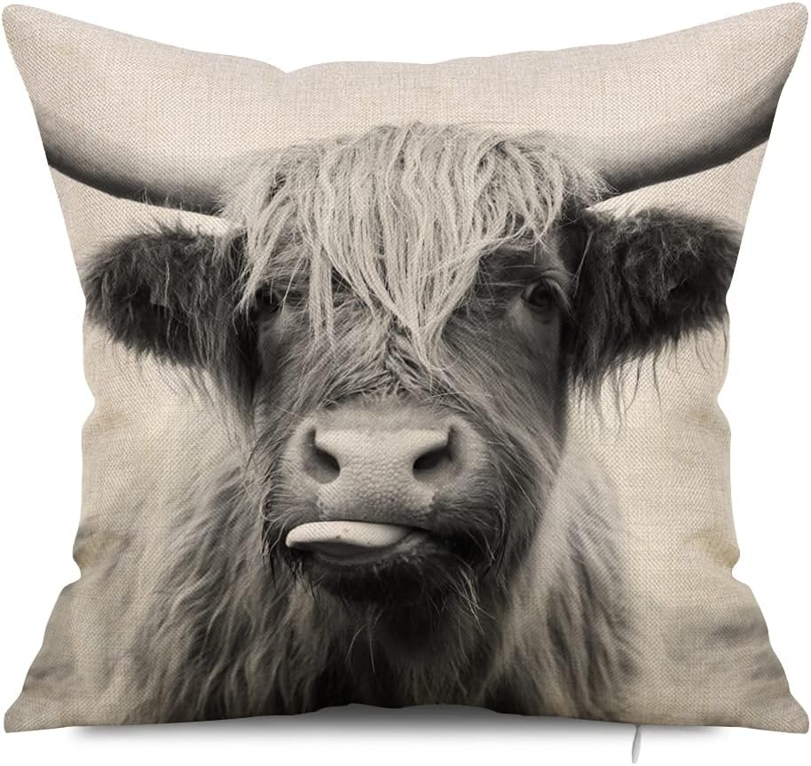 Highland Cow Throw Pillowcase, Decorative Cow Print Linen Pillowcase Sofa Cushion Living Room Car Bedroom Cushion Cover