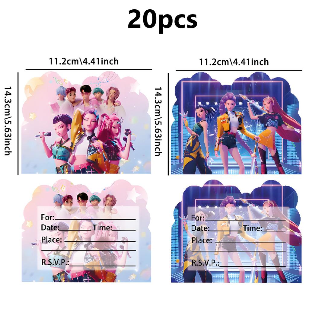 12PCS Kpop Demon Hunters Theme Invitation Cards Single & Double Sided Cute Cartoon Birthday Party Invitation Cards for Kids Fans