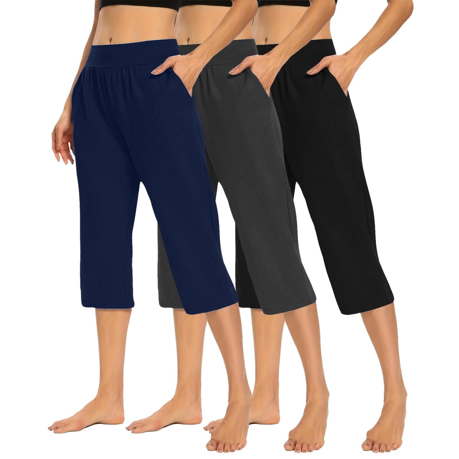 

3 Pack Women Elastic High Waist 3/4 Pant Casual Fit Wide Capris Leg Pants Trousers With Pockets L тёмно-синий