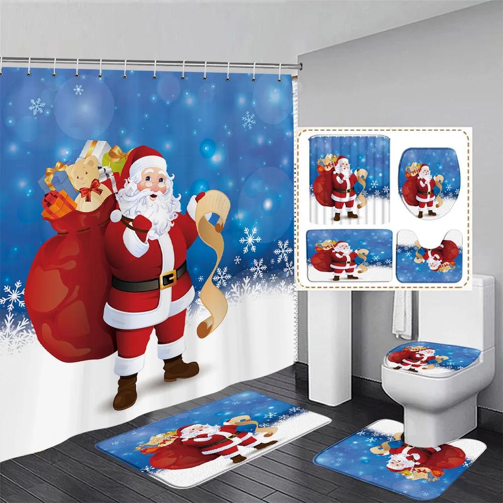 Funny Snowman Shower Curtain Set Xmas Ball Silver Pine Branches Gift Christmas Home Bathroom Decor Rug Bath Mat Toilet Lid Cover