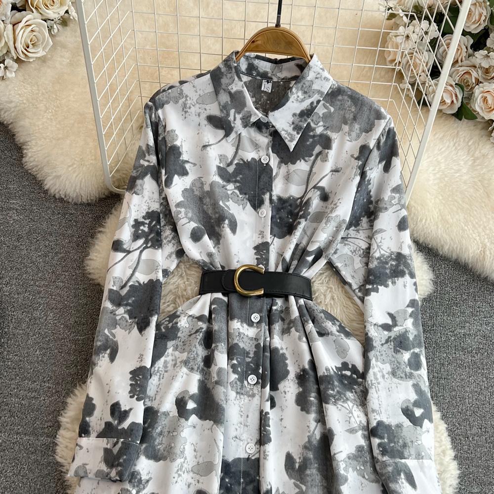 Nowa jesienna moda damska sukienka z kwiatowym nadrukiem skręcić w dół kołnierz z długim rękawem jednorzędowa linia w stylu vintage Midi sukienki imprezowe