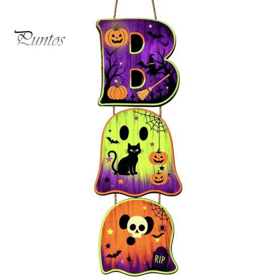 Layered Hanging Seasonal Ornament Halloween Wooden BOO Sign, Creative Letter Pendants, Vintage Ghost Pumpkin Black Cat Cute Theme Wall Decor