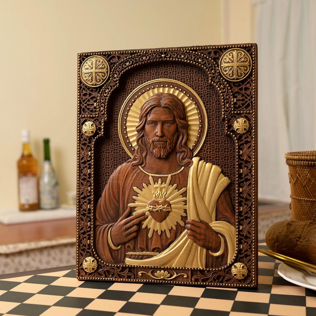 Sacred Heart of Jesus Catholic Jesus Statue, Religious Wooden Plaque, Wall Hanging, Church Room, Home Decoration, Christmas