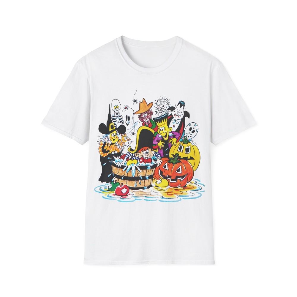 

cartoon witches, skeletons, jasons, freddys, and pumpkins halloween tshirt M