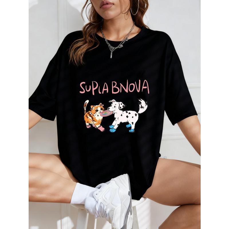 Oversized T Shirt White Cartoon Dogs And Text Supla Bnova Print Casual Wear For Women Summer Streetwear Fashion Top
